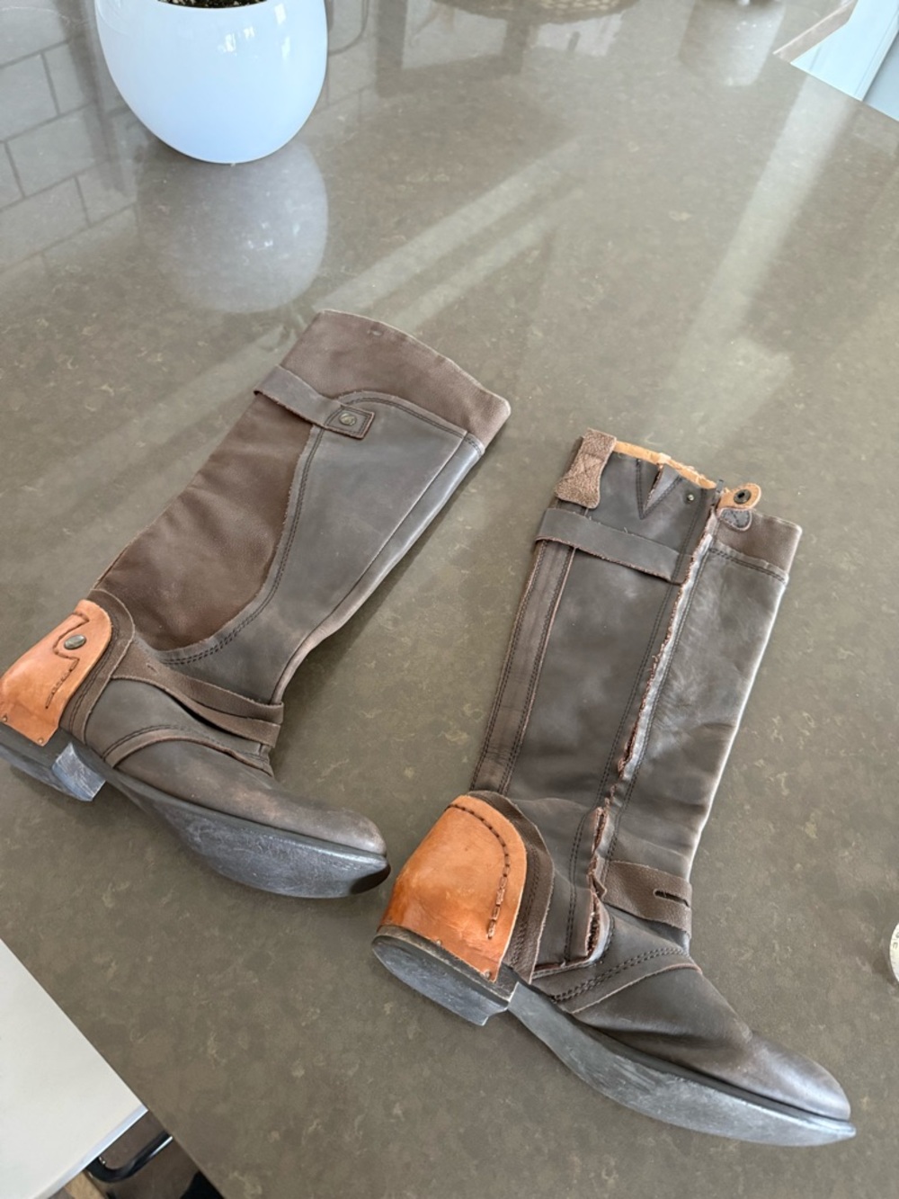 Kelsi Dagger “Jayne” Brown Two-Tone Leather Riding Boots with Tan Heel Accent - Picture 3 of 16